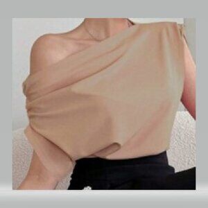 Khaki Off-The-Shoulder Short Sleeve Blouse